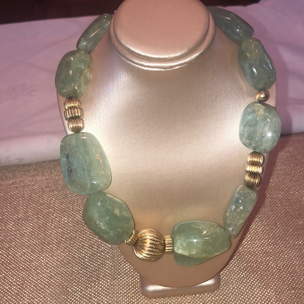 Green stone and gold statement necklace